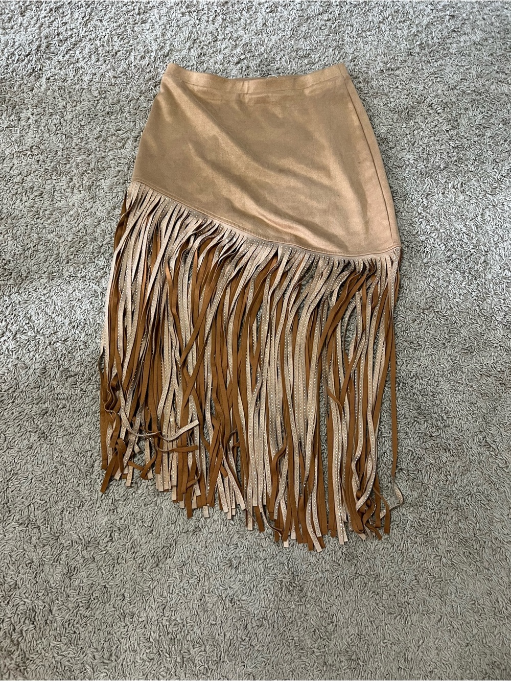 Asymmetrical Tan Fringe Mini Skirt